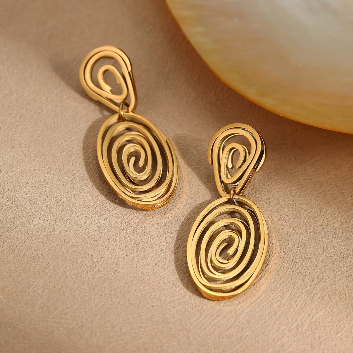 Spiral Disc Earrings, Concentric Ridges, 18K Gold-Plated Steel