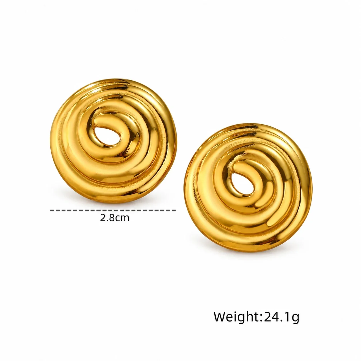 Spiral Disc Earrings, Concentric Ridges, 18K Gold-Plated Steel - Round Spiral Stud