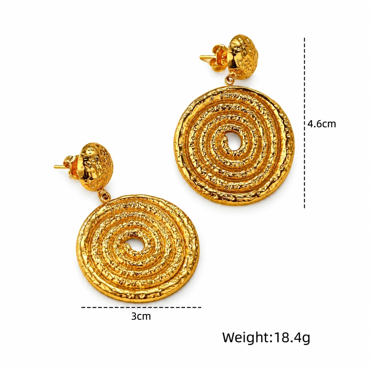 Spiral Disc Earrings, Concentric Ridges, 18K Gold-Plated Steel - Coiled Spiral