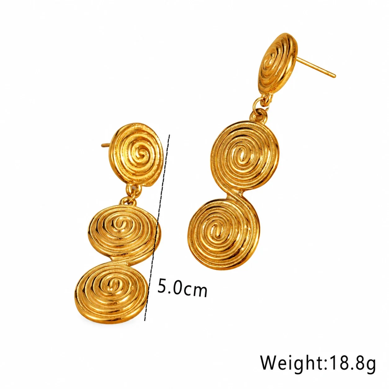 Spiral Disc Earrings, Concentric Ridges, 18K Gold-Plated Steel - Disc of