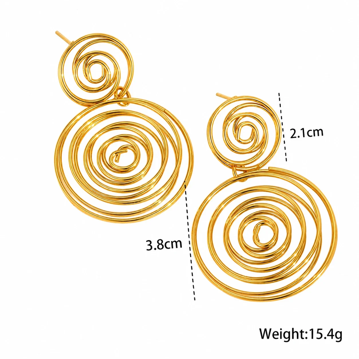 Spiral Disc Earrings, Concentric Ridges, 18K Gold-Plated Steel - Gold Coiled Spiral