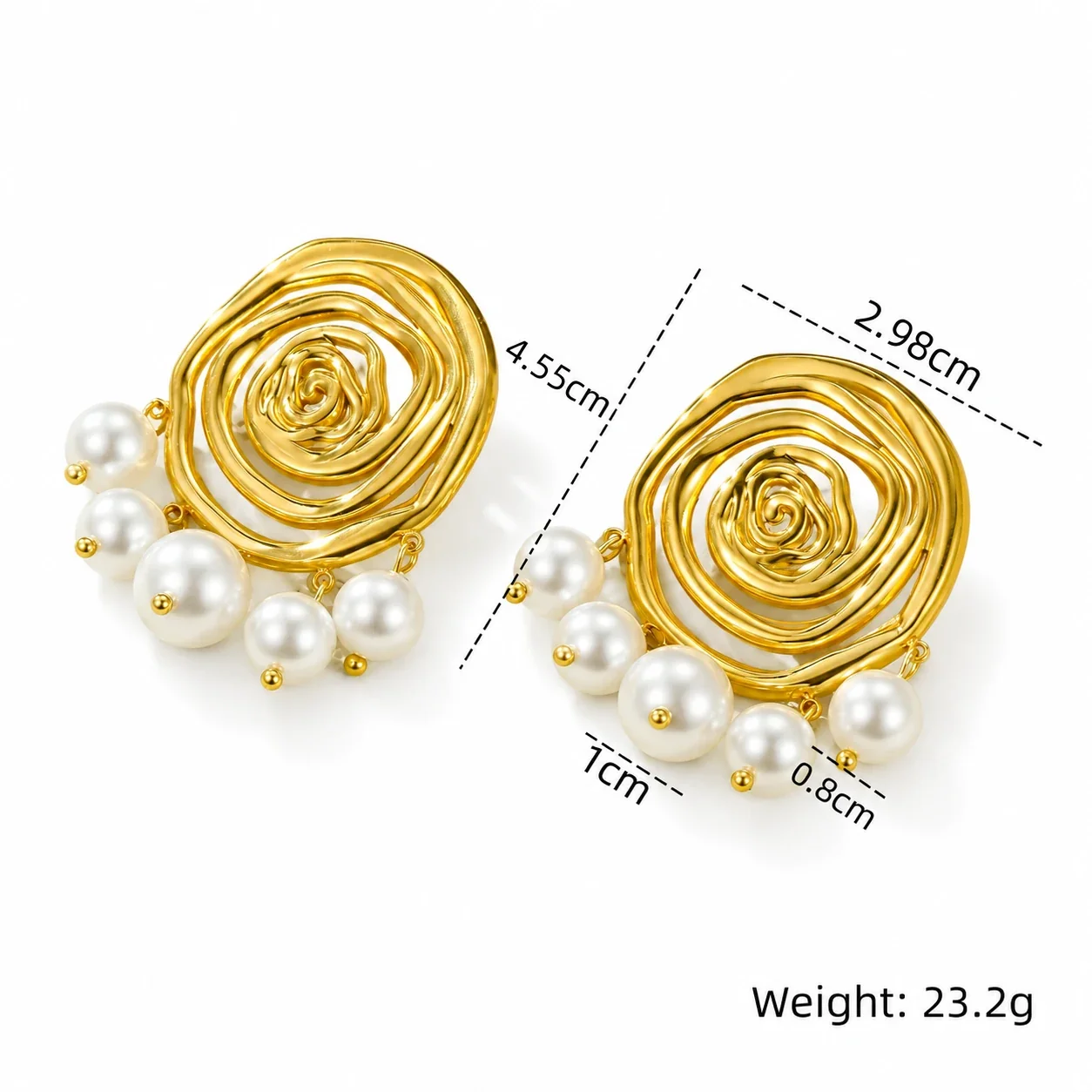 Spiral Disc Earrings, Concentric Ridges, 18K Gold-Plated Steel - Disc Pearl Stud