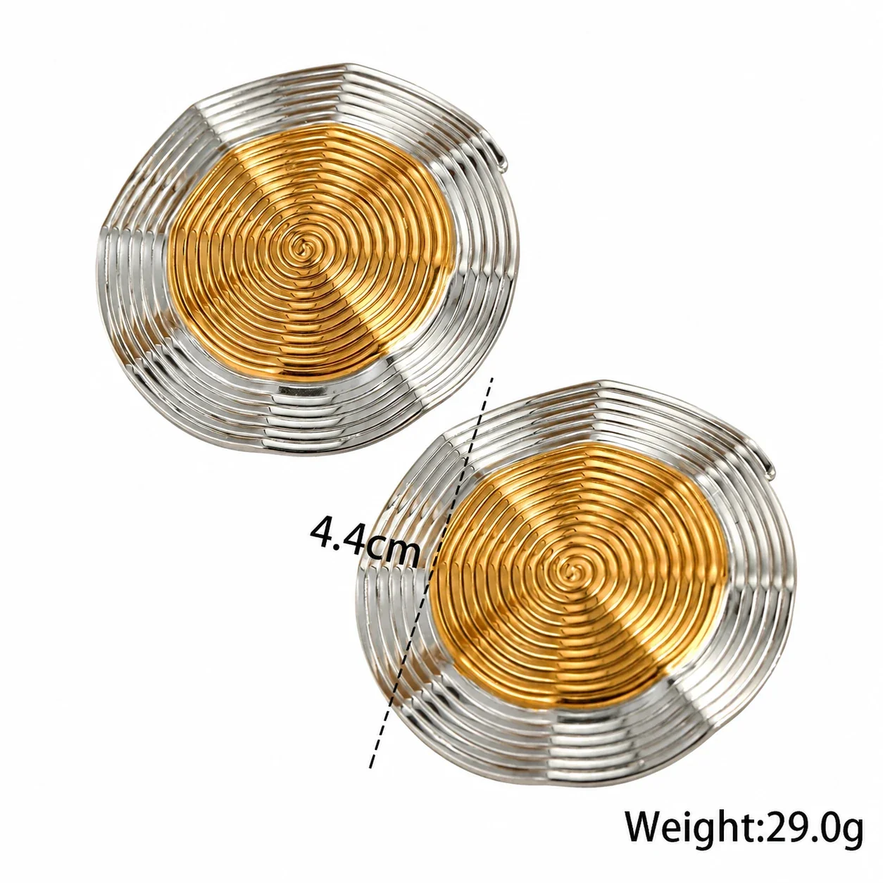 Spiral Disc Earrings, Concentric Ridges, 18K Gold-Plated Steel - Two-Tone Disc Stud
