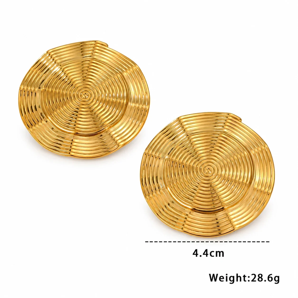Spiral Disc Earrings, Concentric Ridges, 18K Gold-Plated Steel - Gold Disc Stud