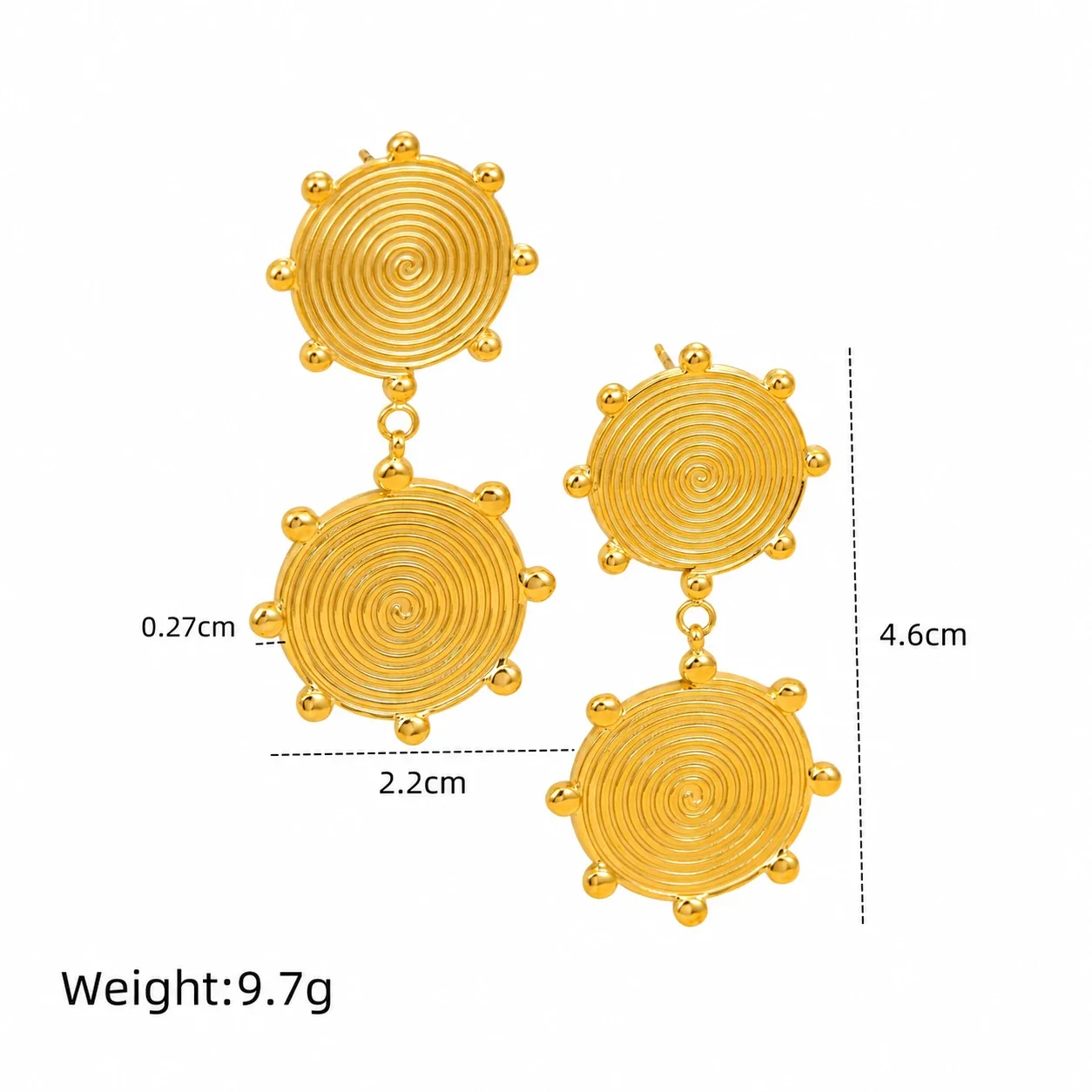 Spiral Disc Earrings, Concentric Ridges, 18K Gold-Plated Steel - Large and Small Disc