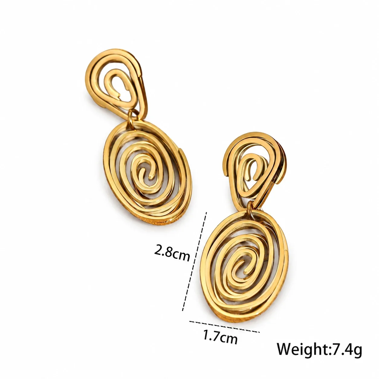 Spiral Disc Earrings, Concentric Ridges, 18K Gold-Plated Steel - Oval Spiral