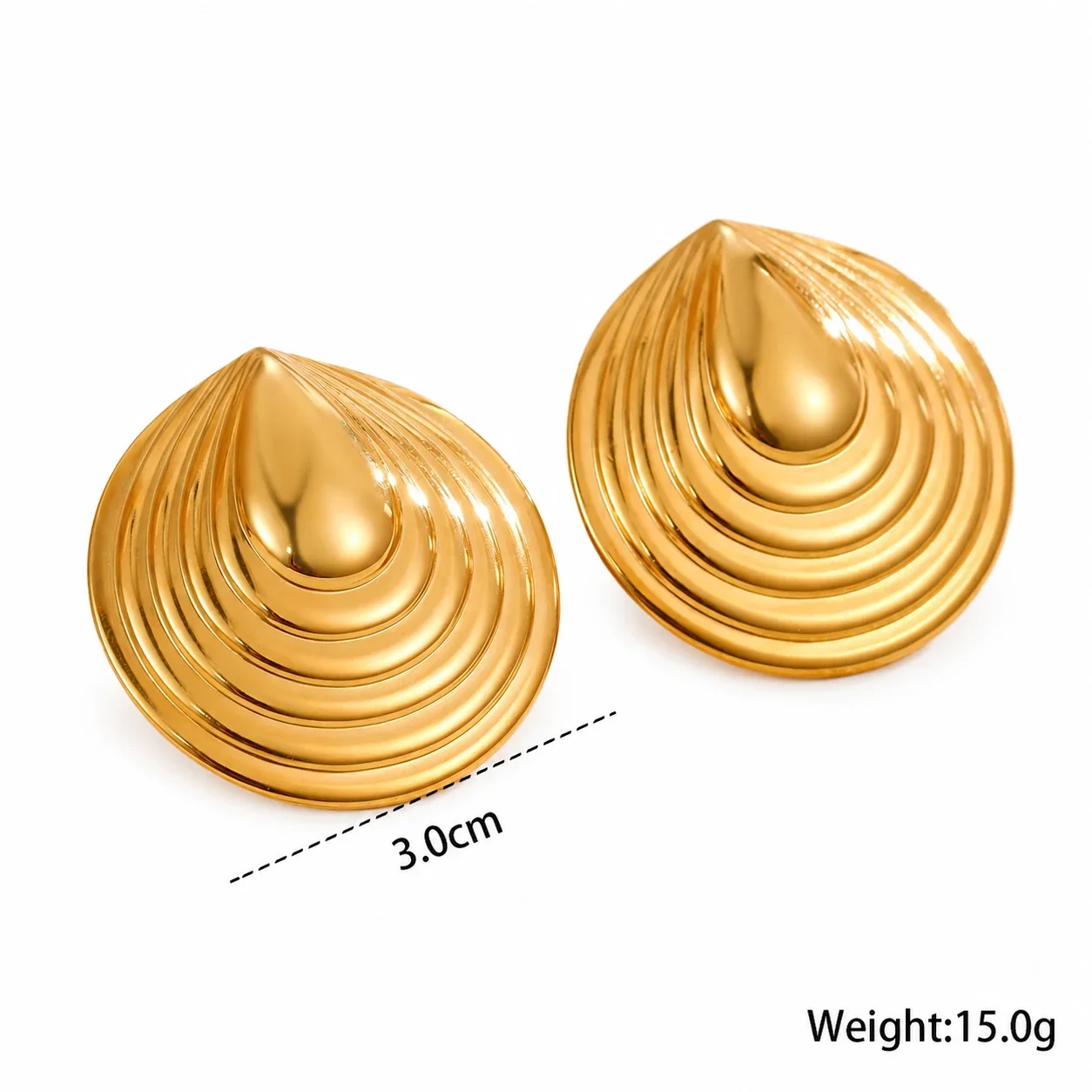 Spiral Disc Earrings, Concentric Ridges, 18K Gold-Plated Steel - Teardrop Disc Stud