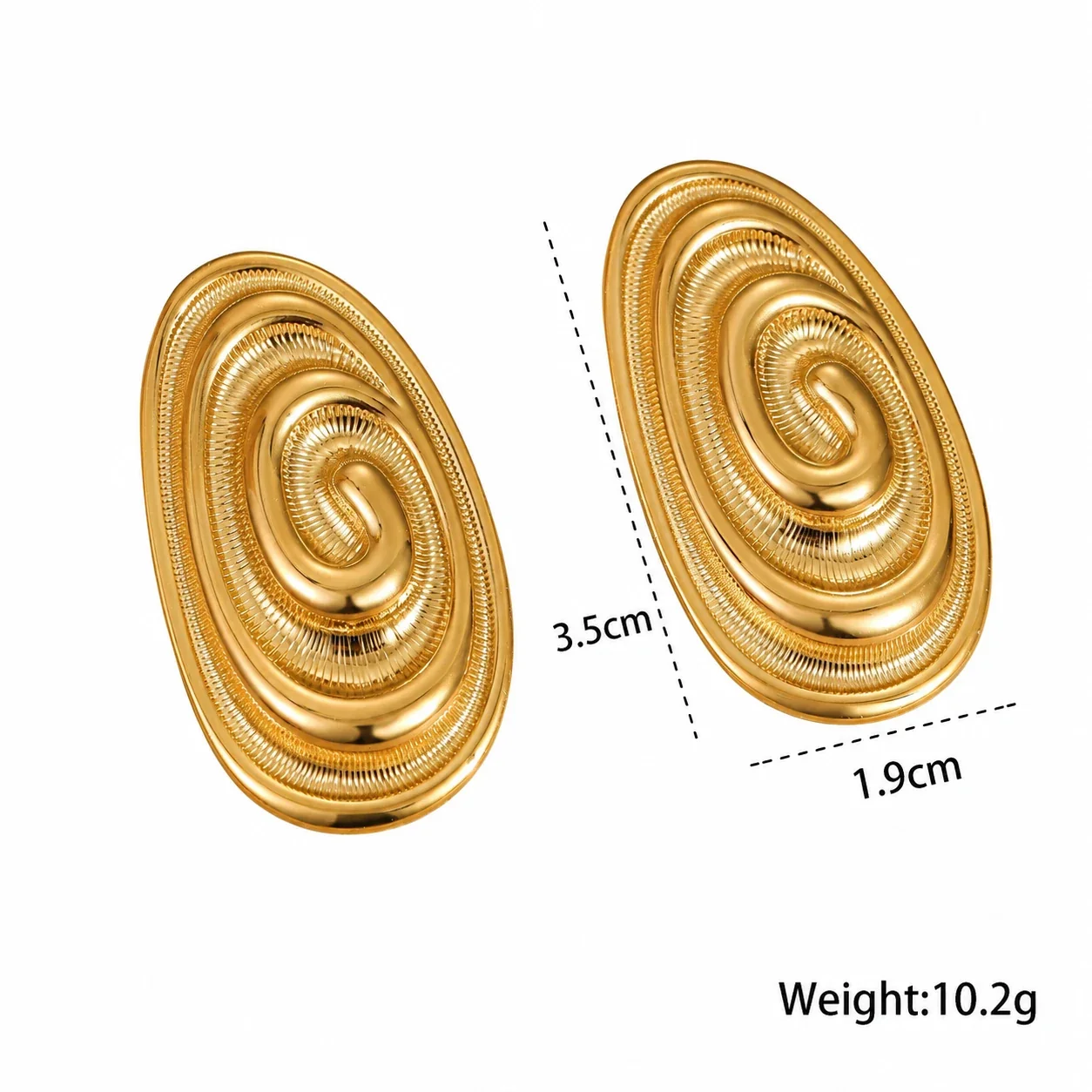 Spiral Disc Earrings, Concentric Ridges, 18K Gold-Plated Steel - Oval Disc Stud