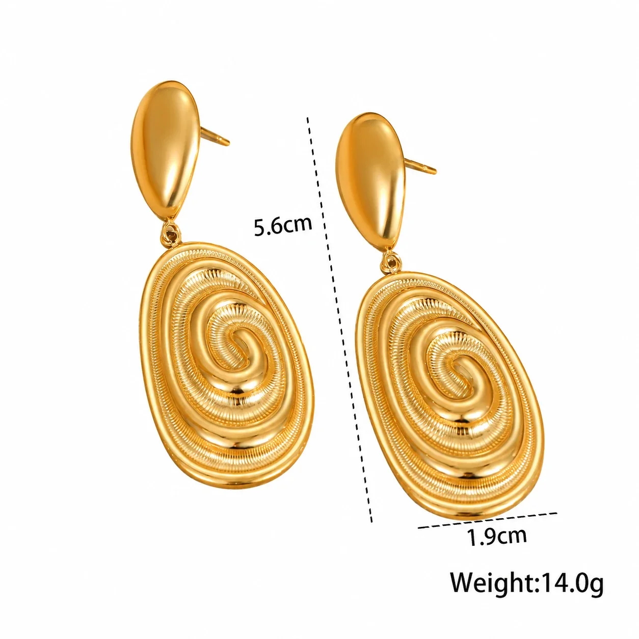 Spiral Disc Earrings, Concentric Ridges, 18K Gold-Plated Steel - Oval Disc