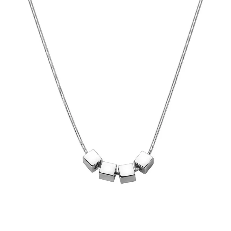 Minimal Silver-Tone Stainless Steel Four-Cube Snake Necklace