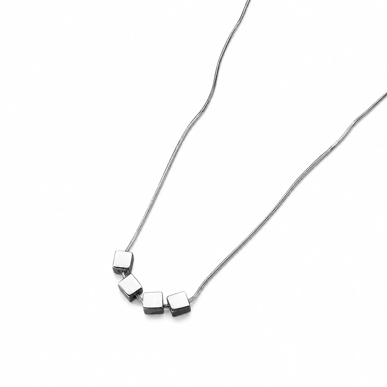 Minimal Silver-Tone Stainless Steel Four-Cube Snake Necklace