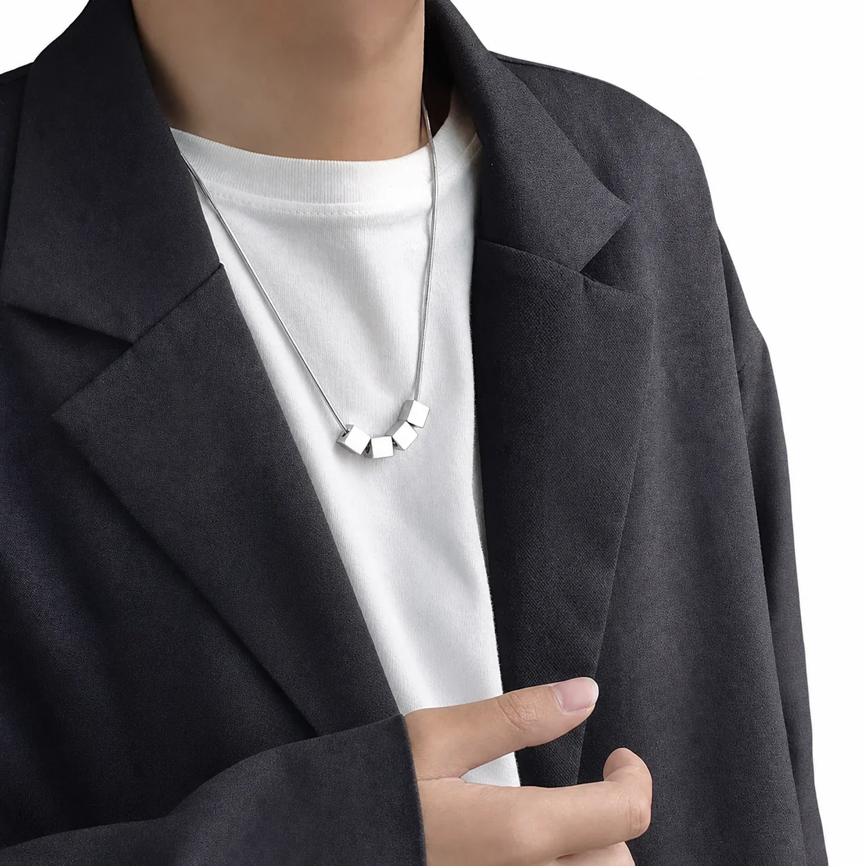 Minimal Silver-Tone Stainless Steel Four-Cube Snake Necklace