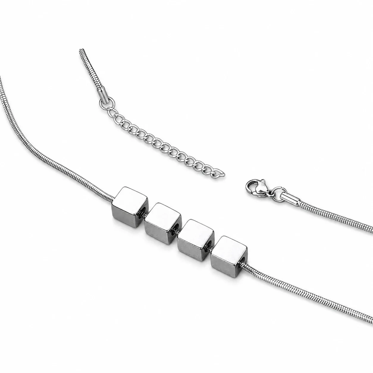 Minimal Silver-Tone Stainless Steel Four-Cube Snake Necklace