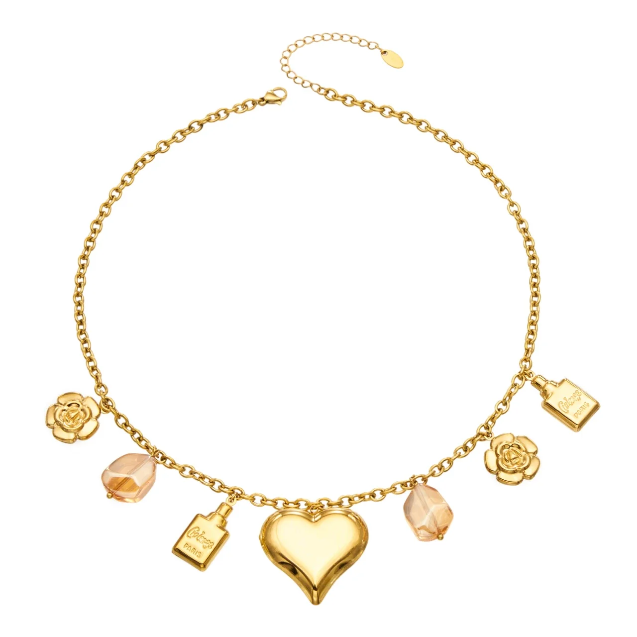 Stainless Steel Heart Necklace with Rose Charms, Gold-Plated