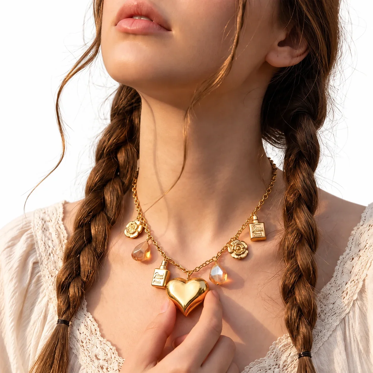 Stainless Steel Heart Necklace with Rose Charms, Gold-Plated