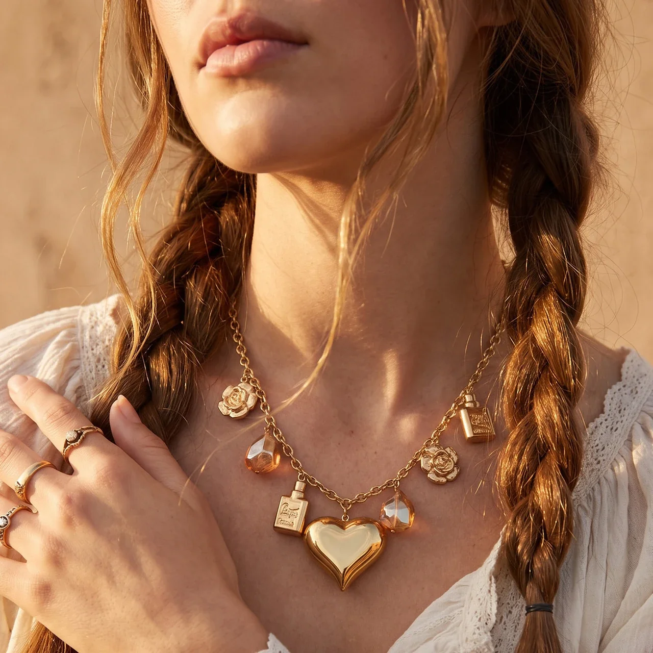 Stainless Steel Heart Necklace with Rose Charms, Gold-Plated
