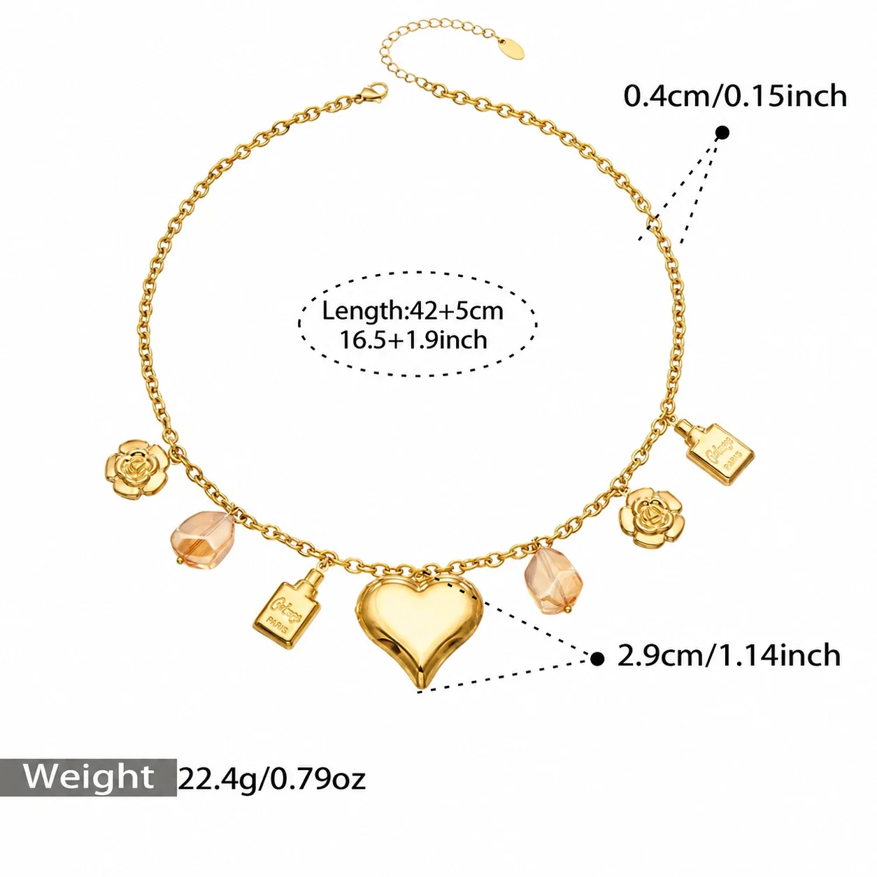 Stainless Steel Heart Necklace with Rose Charms, Gold-Plated - 42 + 5 cm