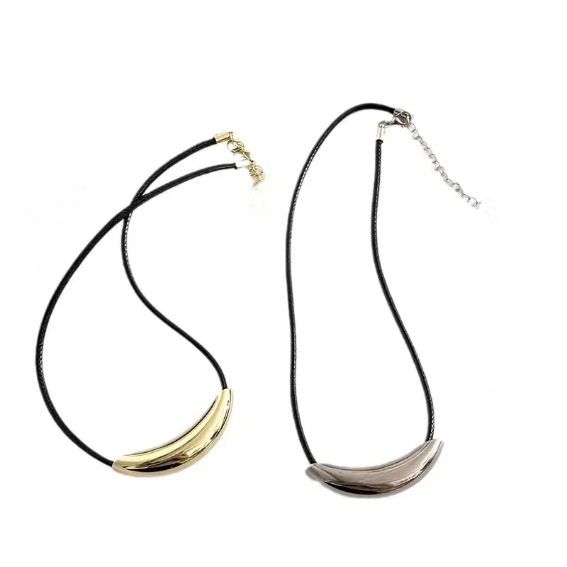 Curved Tube Black Cord Necklace, Stainless Steel
