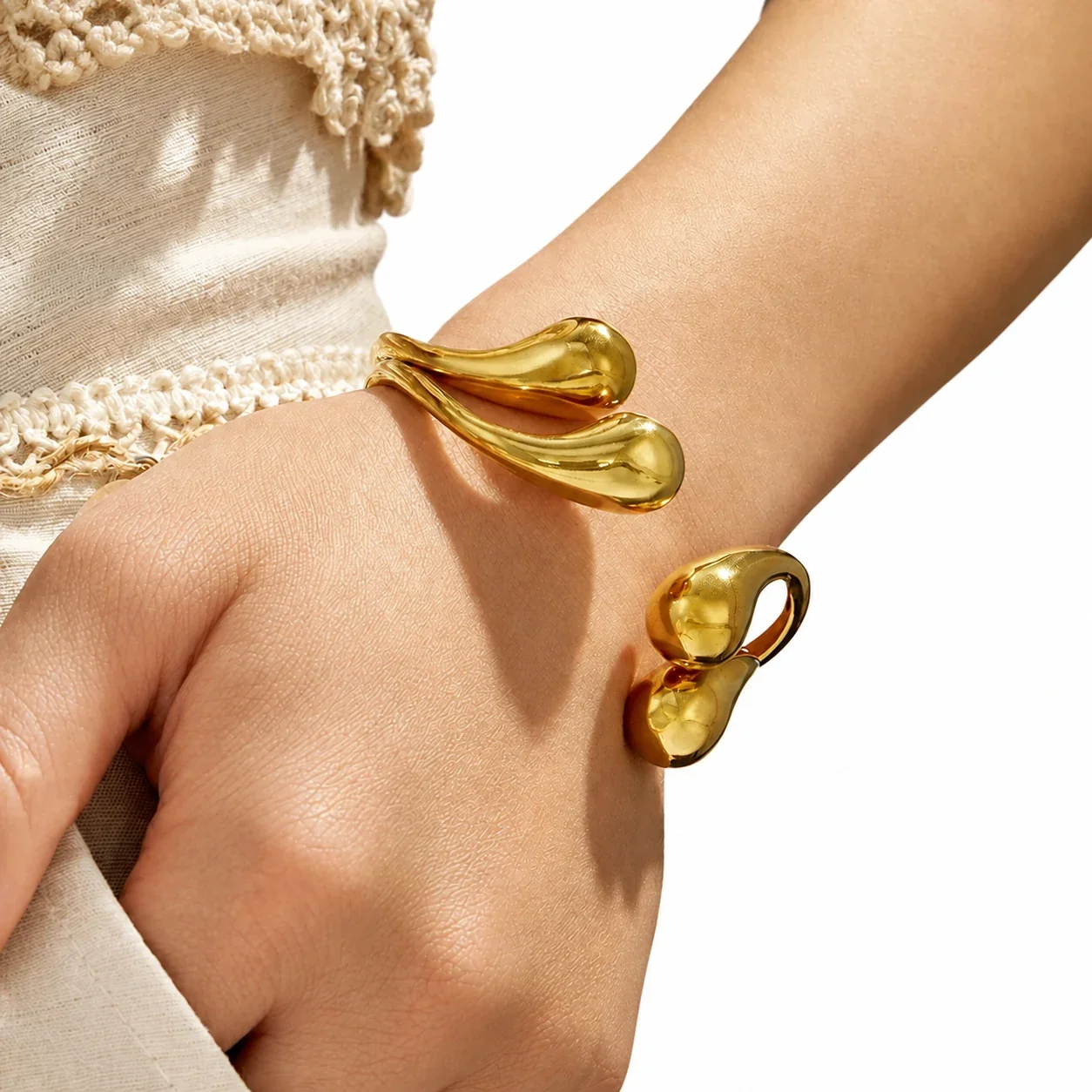 Sculptural Gold PVD 316L Teardrop Open Cuff Bracelet