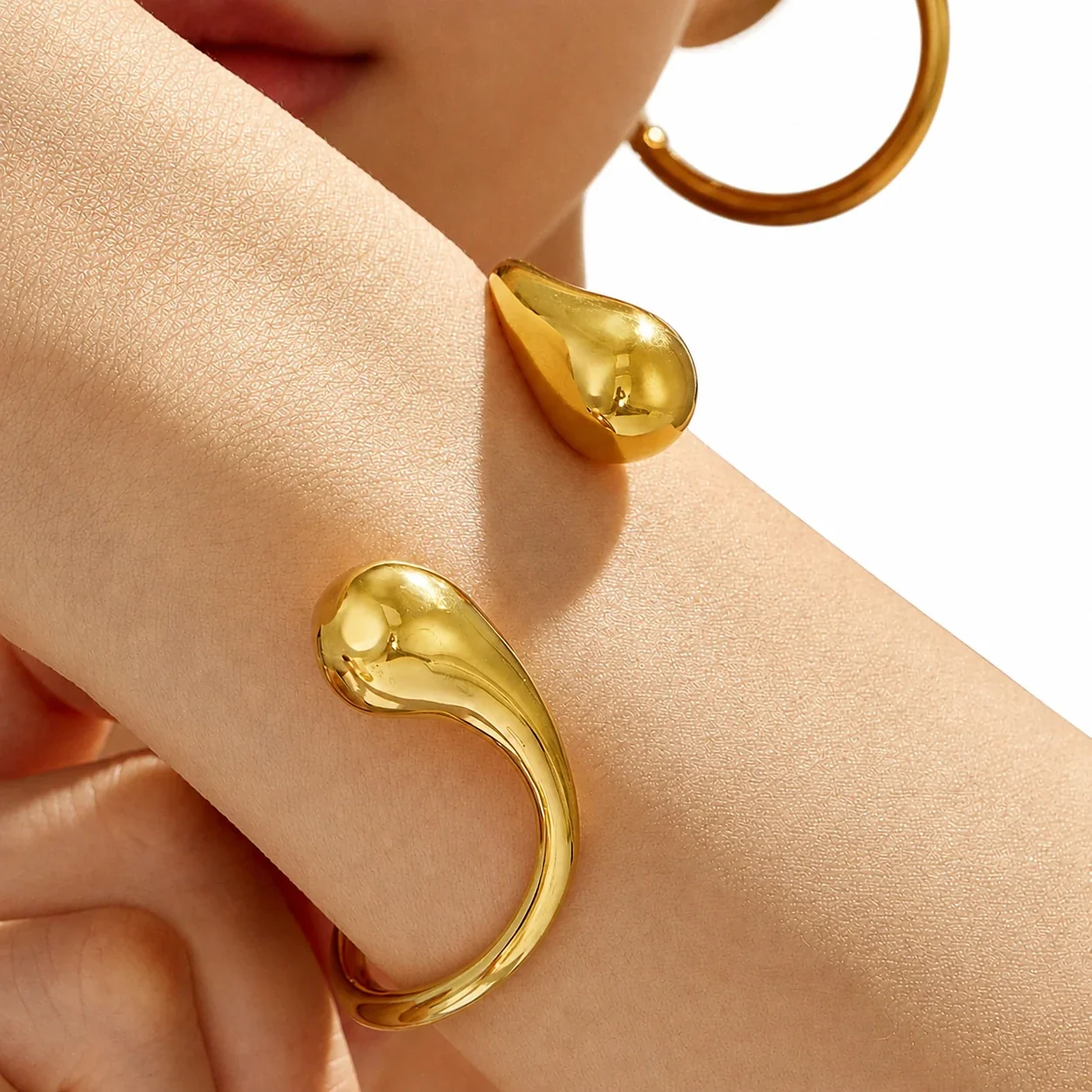 Sculptural Gold PVD 316L Teardrop Open Cuff Bracelet