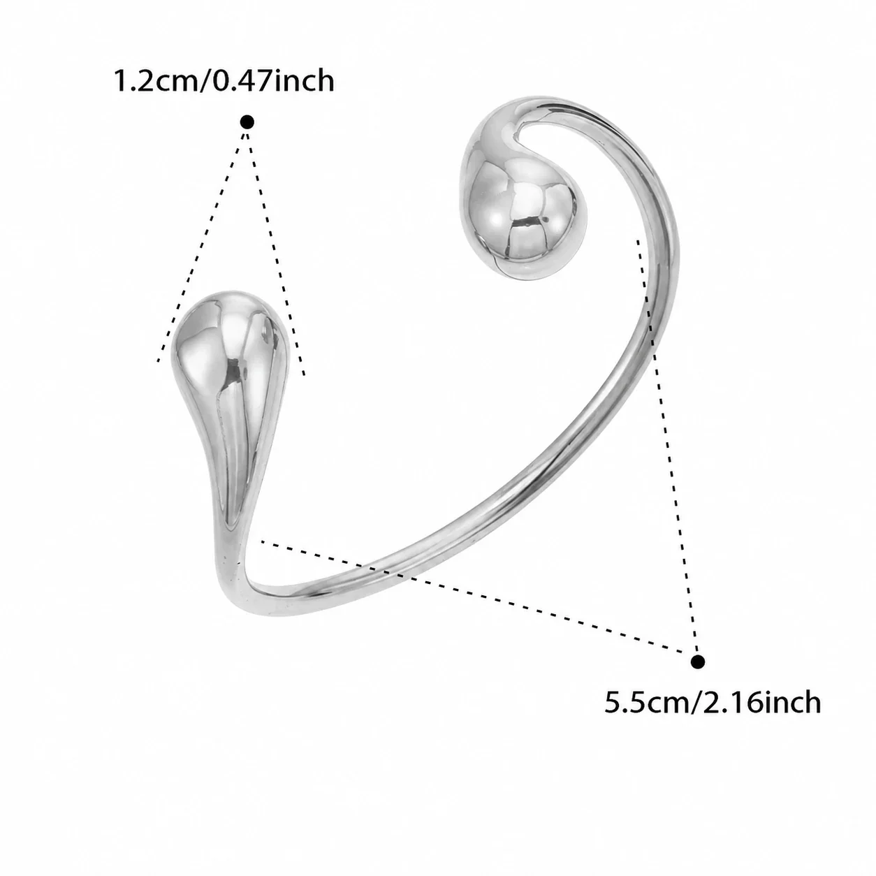 Sculptural Gold PVD 316L Teardrop Open Cuff Bracelet - Silver Teardrop Open