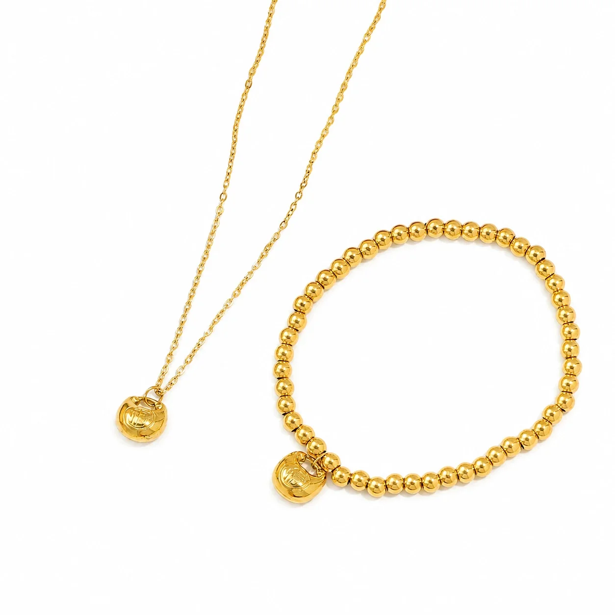 Auspicious Gold-Plated Bead Bracelet Coin Pendant Jewelry Set