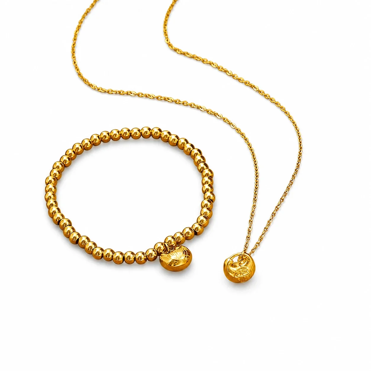 Auspicious Gold-Plated Bead Bracelet Coin Pendant Jewelry Set