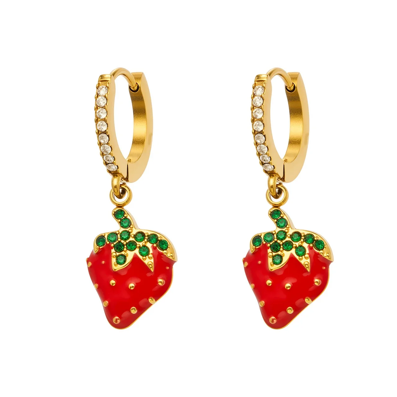 Brincos Huggie com Pendente de Morango, Aço Inoxidável 316 com PVD Dourado