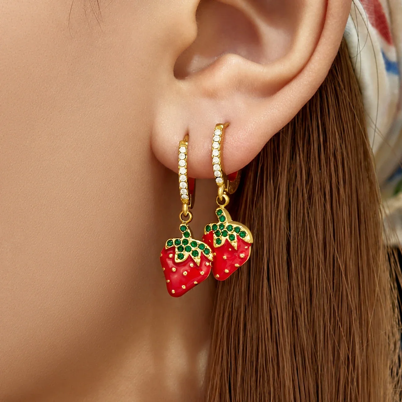 Strawberry Drop Huggie Earrings, Gold PVD 316 Stainless Steel