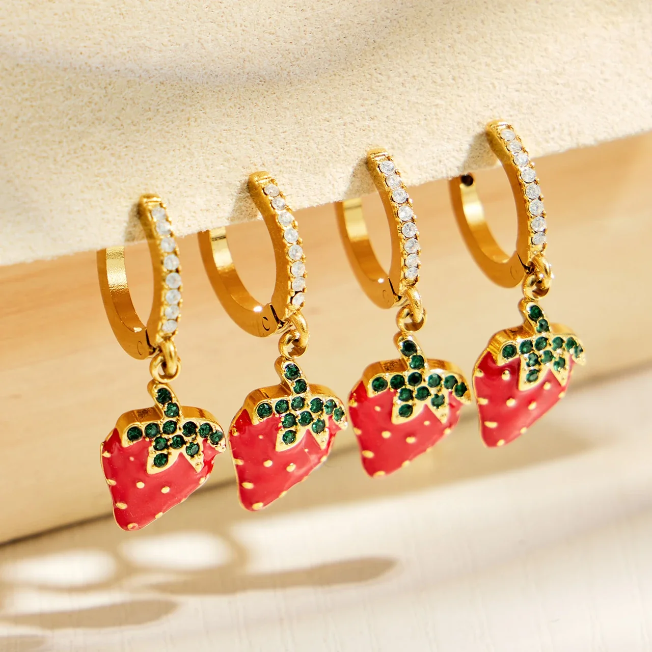 Strawberry Drop Huggie Earrings, Gold PVD 316 Stainless Steel
