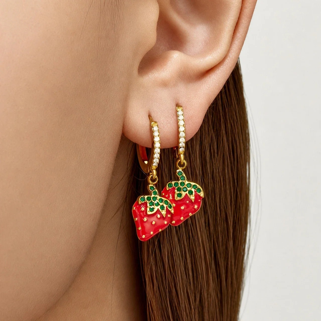 Strawberry Drop Huggie Earrings, Gold PVD 316 Stainless Steel
