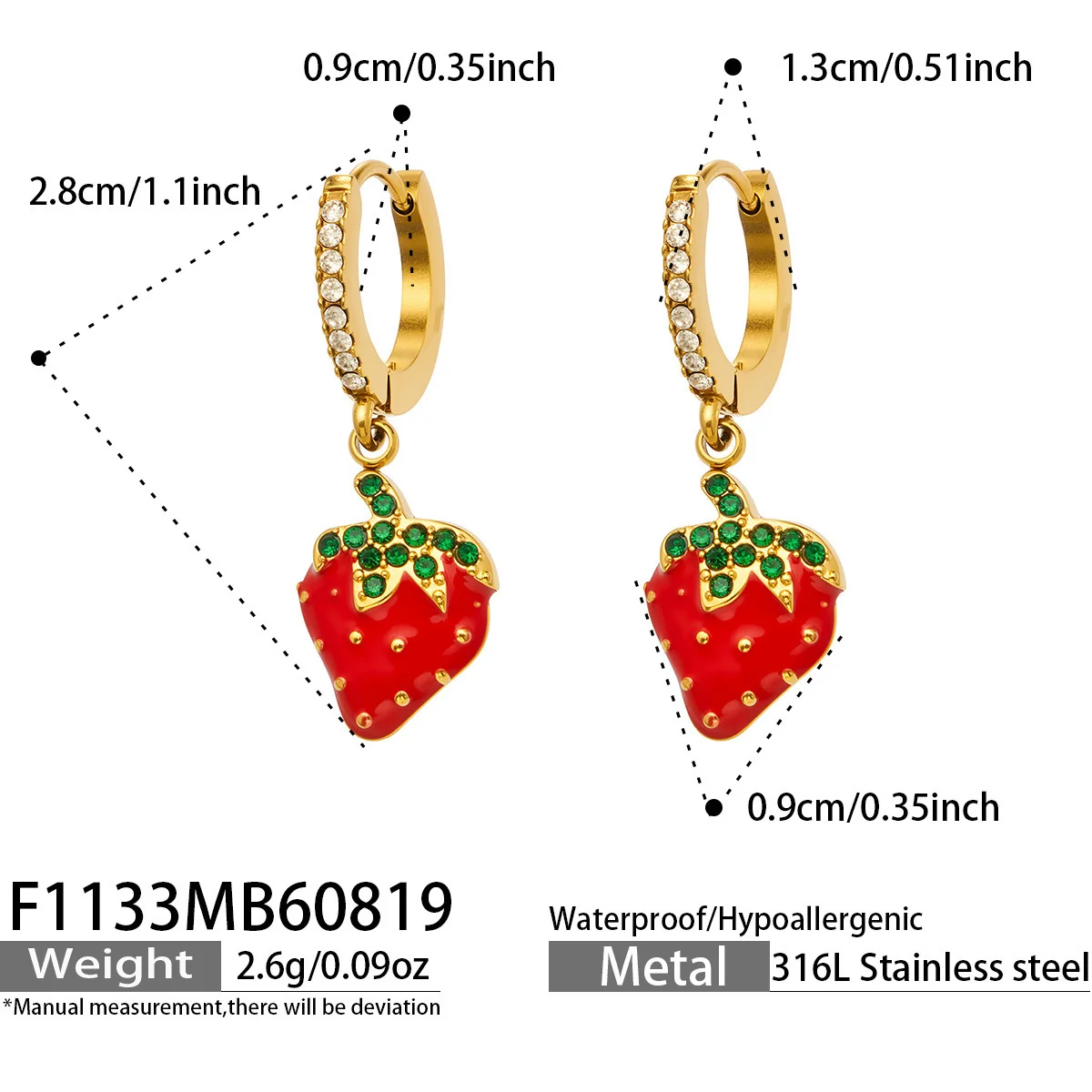 Strawberry Drop Huggie Earrings, Gold PVD 316 Stainless Steel - Dimensions