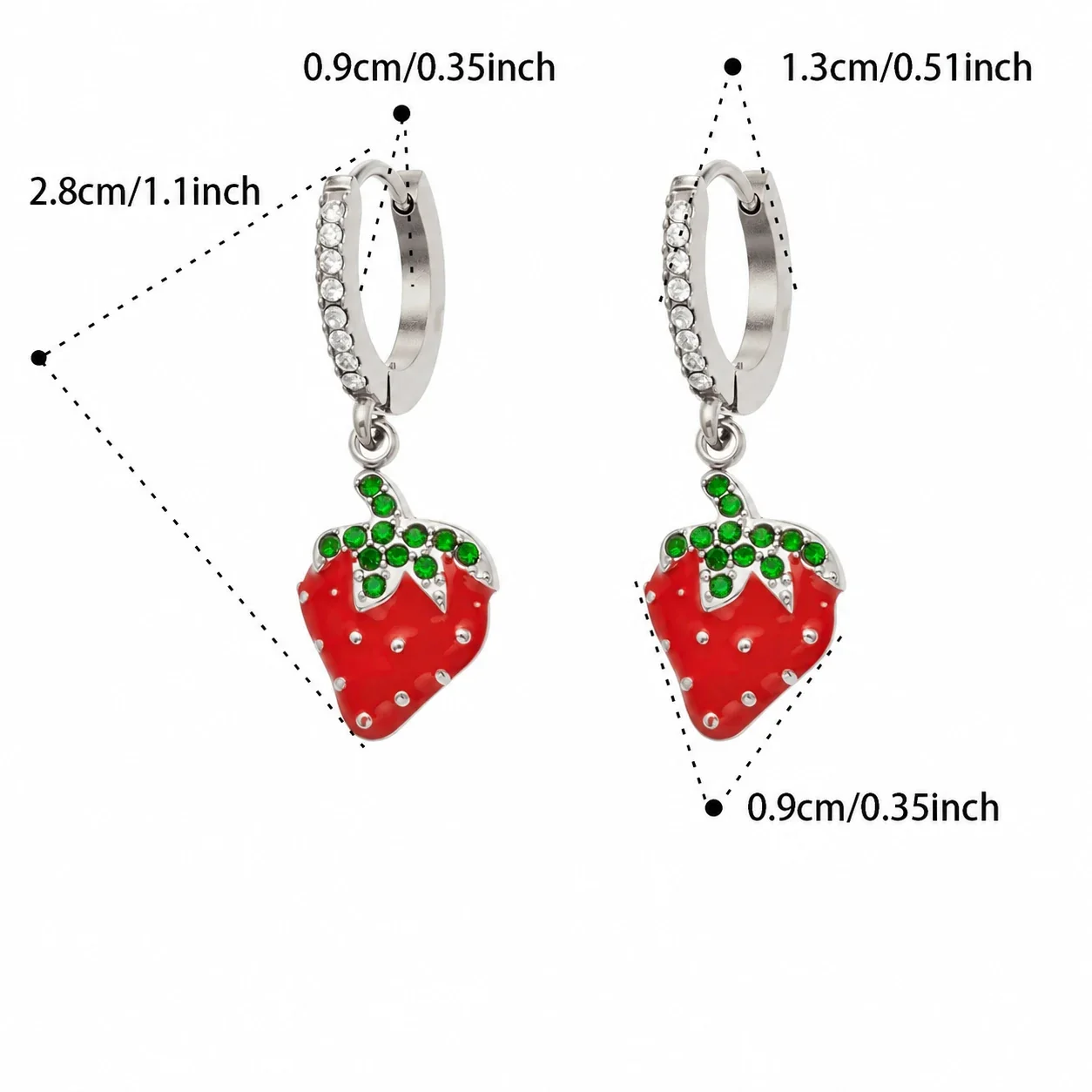 Strawberry Drop Huggie Earrings, Gold PVD 316 Stainless Steel - Silver Strawberry CZ