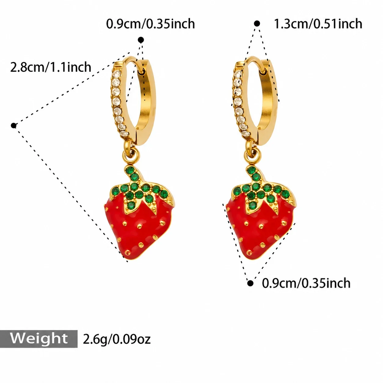 Strawberry Drop Huggie Earrings, Gold PVD 316 Stainless Steel - Gold Strawberry CZ