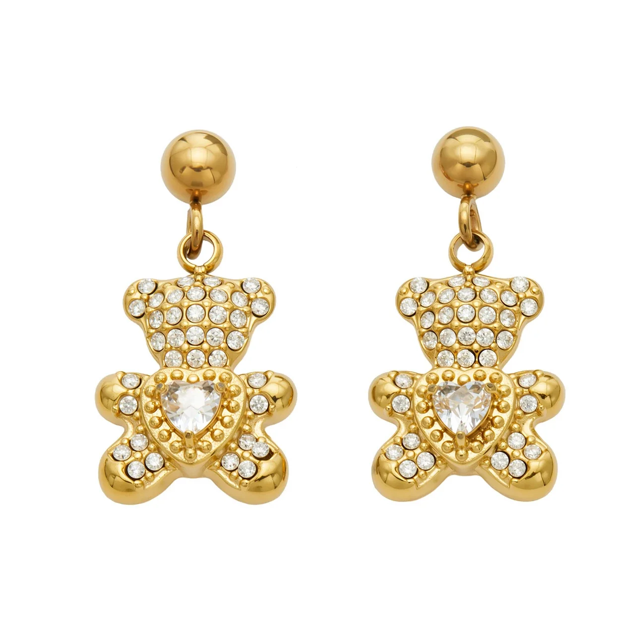 Playful 316L Stainless Steel Teddy Pavé Heart PVD Drop Earrings
