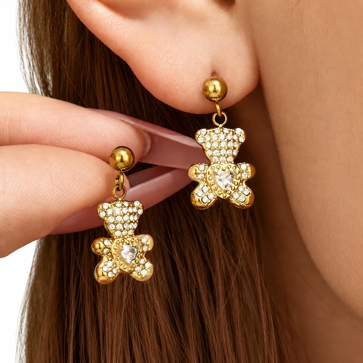 Playful 316L Stainless Steel Teddy Pavé Heart Drop Earrings