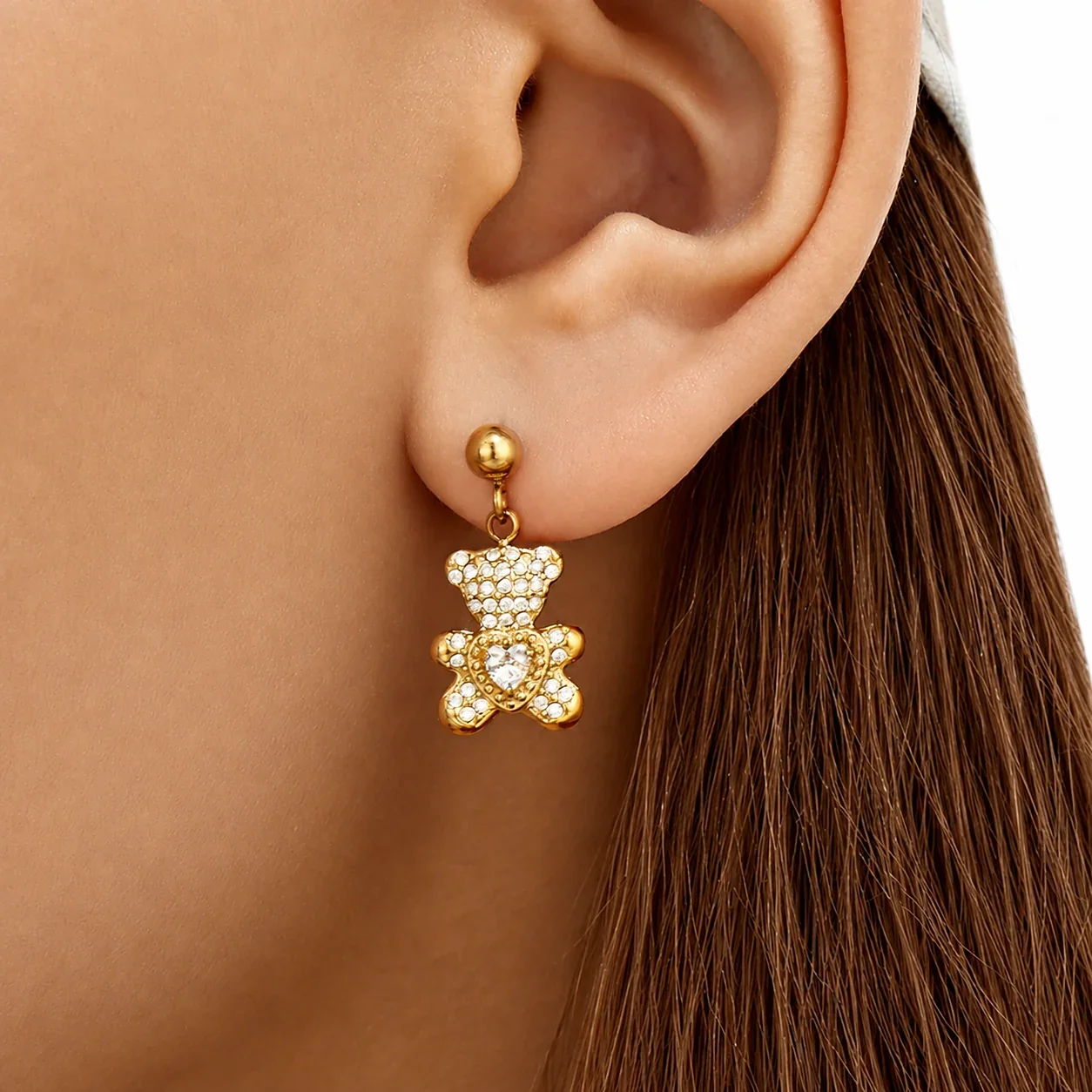 Playful 316L Stainless Steel Teddy Pavé Heart Drop Earrings