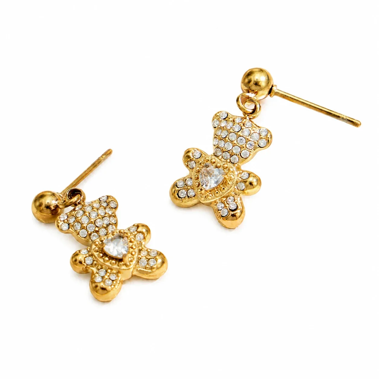 Playful 316L Stainless Steel Teddy Pavé Heart Drop Earrings