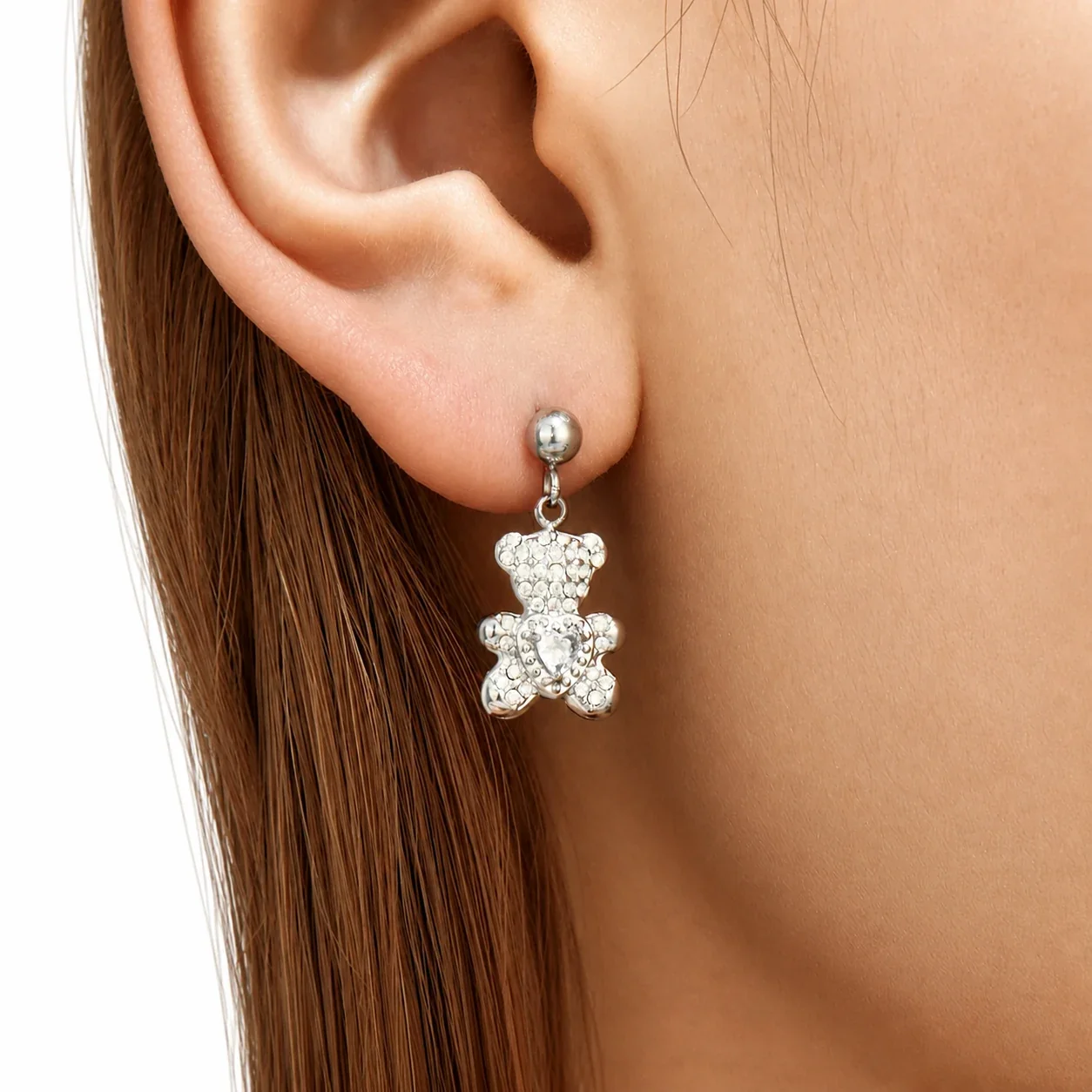 Playful 316L Stainless Steel Teddy Pavé Heart Drop Earrings