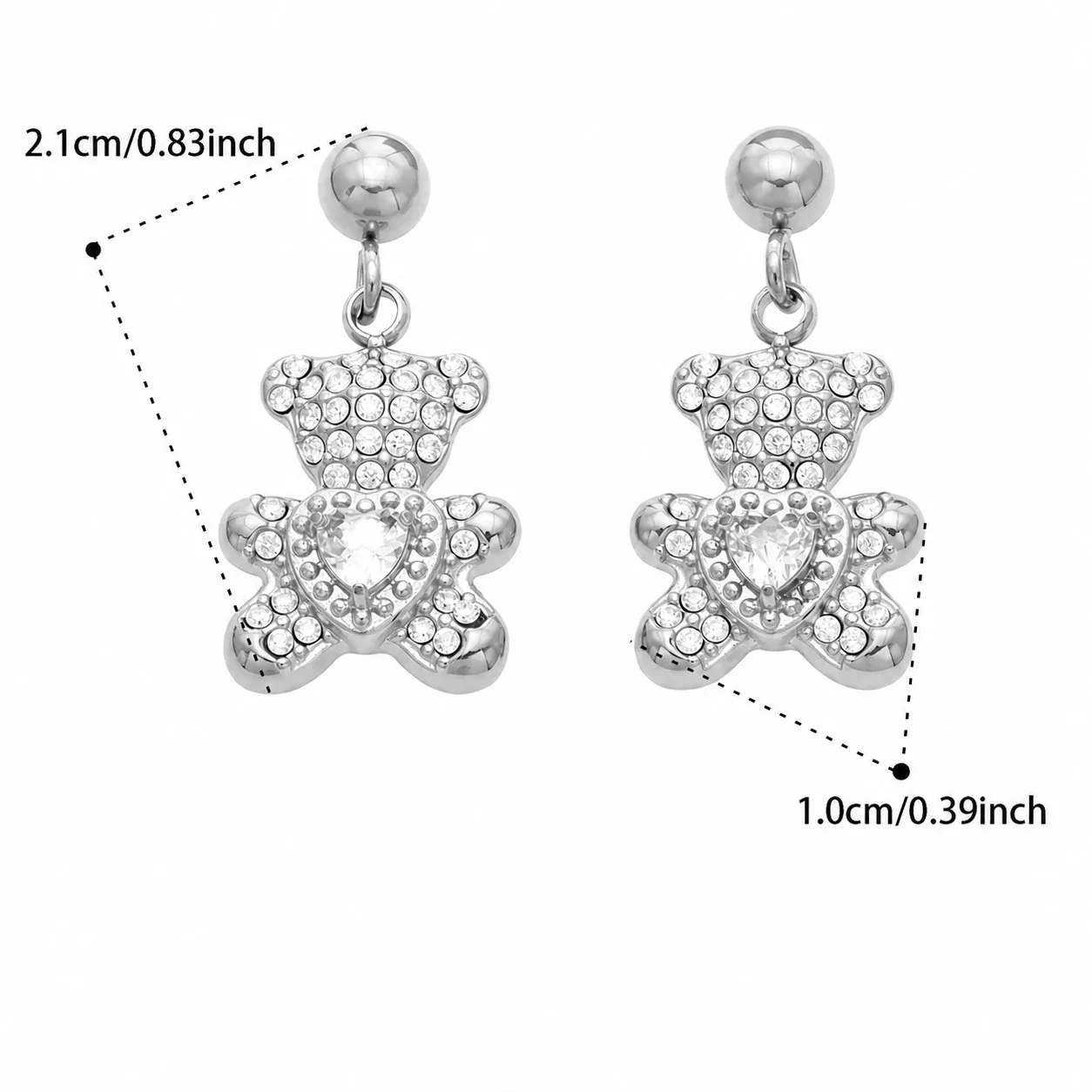 Playful 316L Stainless Steel Teddy Pavé Heart Drop Earrings - Silver Teddy CZ Drop