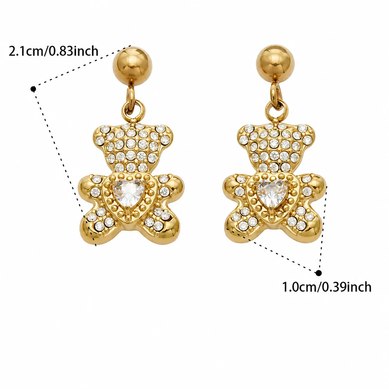 Playful 316L Stainless Steel Teddy Pavé Heart Drop Earrings - Gold Teddy CZ Drop