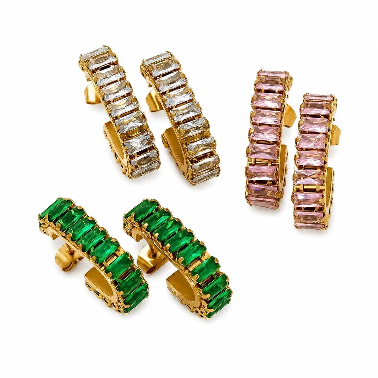 Bold Gold-Tone Baguette CZ Open Hoop Stud Earrings