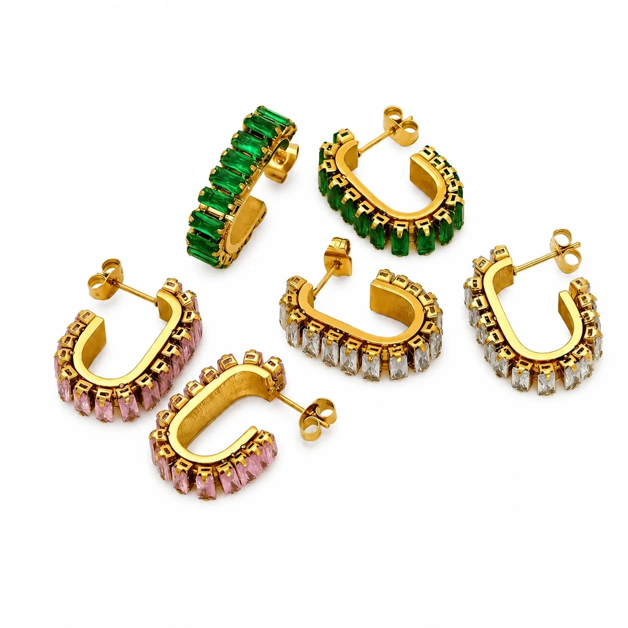 Bold Gold-Tone Baguette CZ Open Hoop Stud Earrings