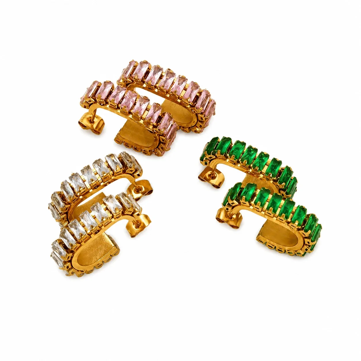 Bold Gold-Tone Baguette CZ Open Hoop Stud Earrings