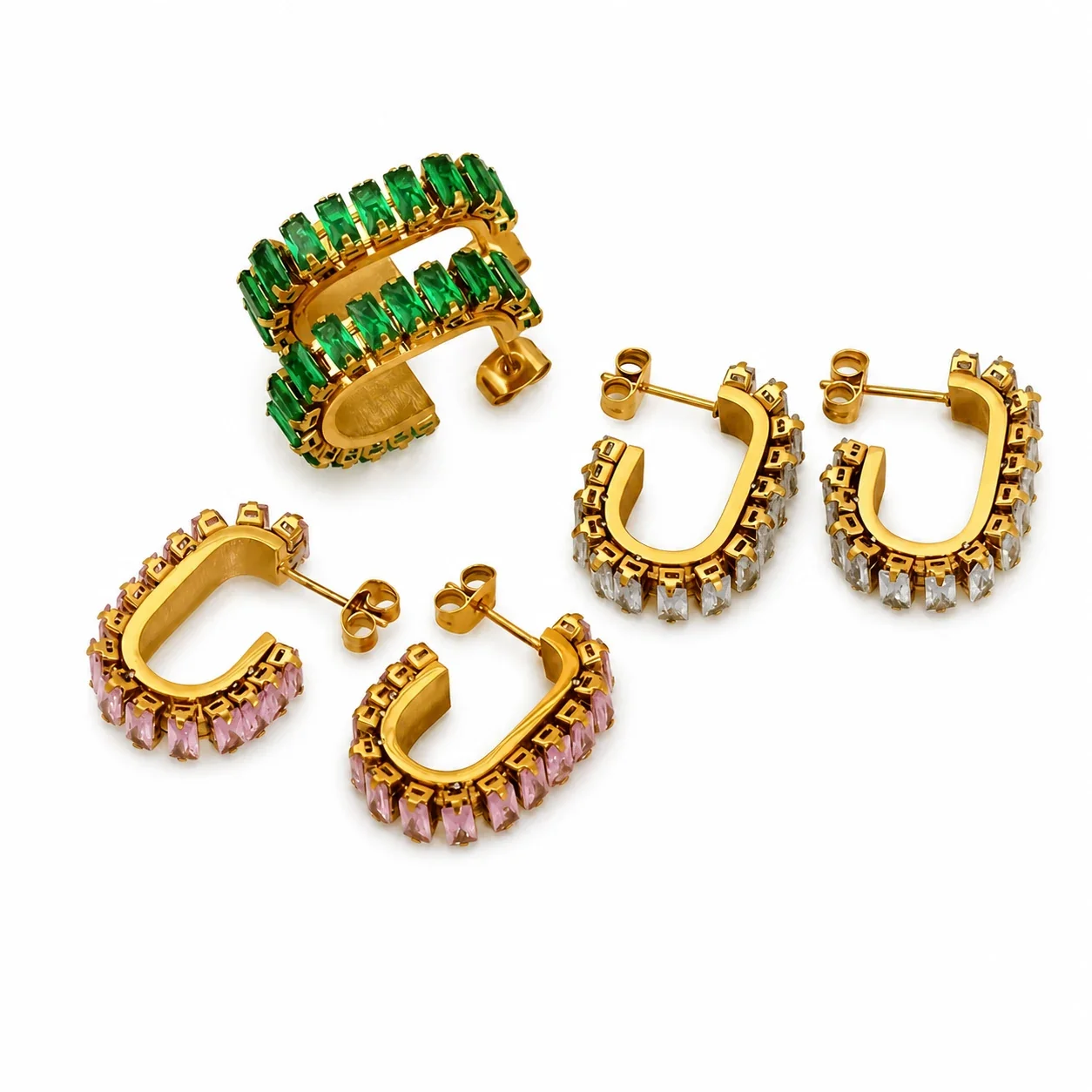 Bold Gold-Tone Baguette CZ Open Hoop Stud Earrings