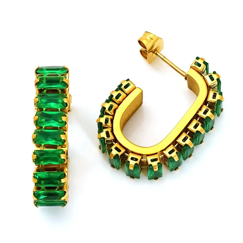 Bold Gold-Tone Baguette CZ Open Hoop Stud Earrings