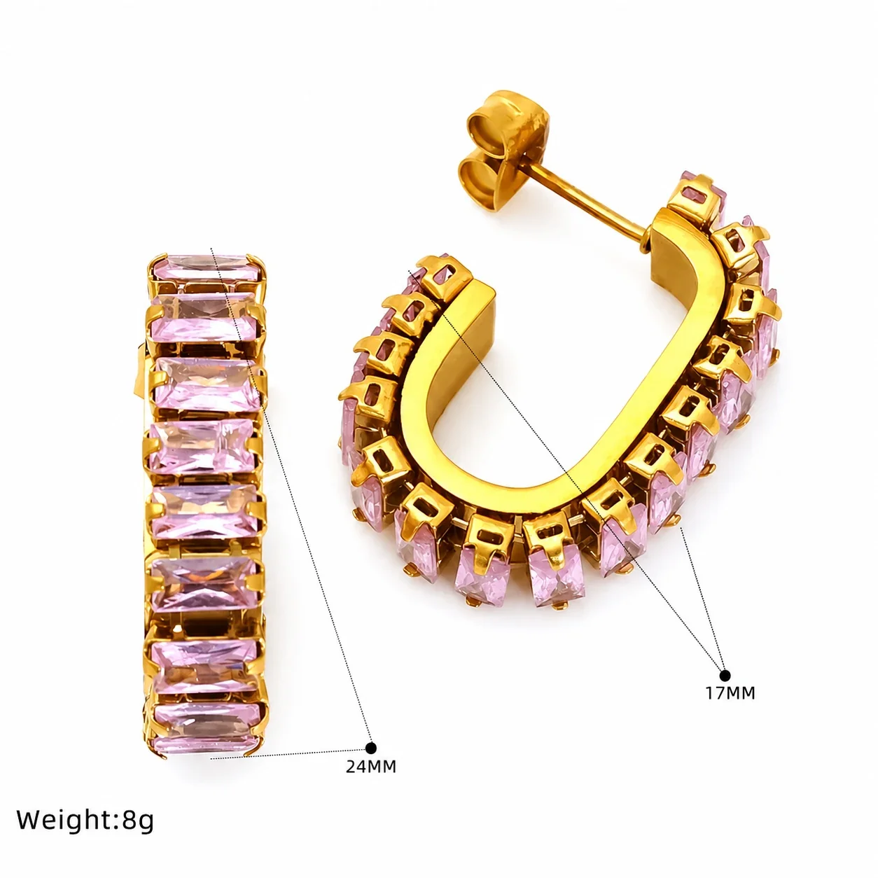 Bold Gold-Tone Baguette CZ Open Hoop Stud Earrings - Gold Pink CZ
