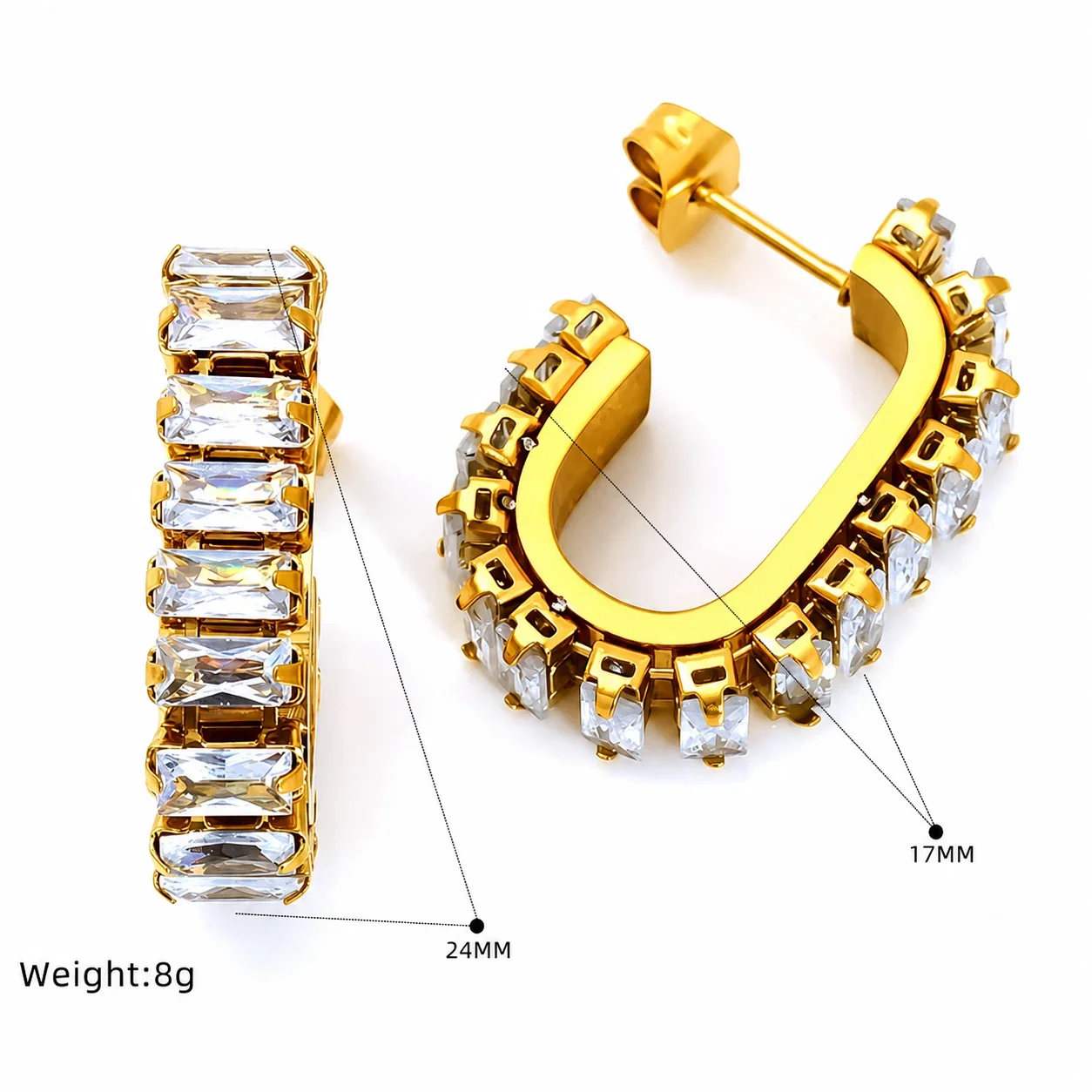 Bold Gold-Tone Baguette CZ Open Hoop Stud Earrings - Gold Clear CZ