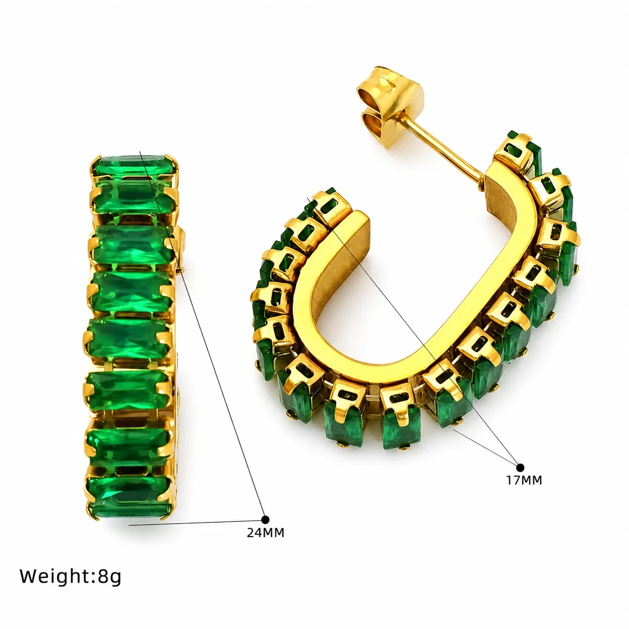 Bold Gold-Tone Baguette CZ Open Hoop Stud Earrings - Gold Emerald-Green CZ