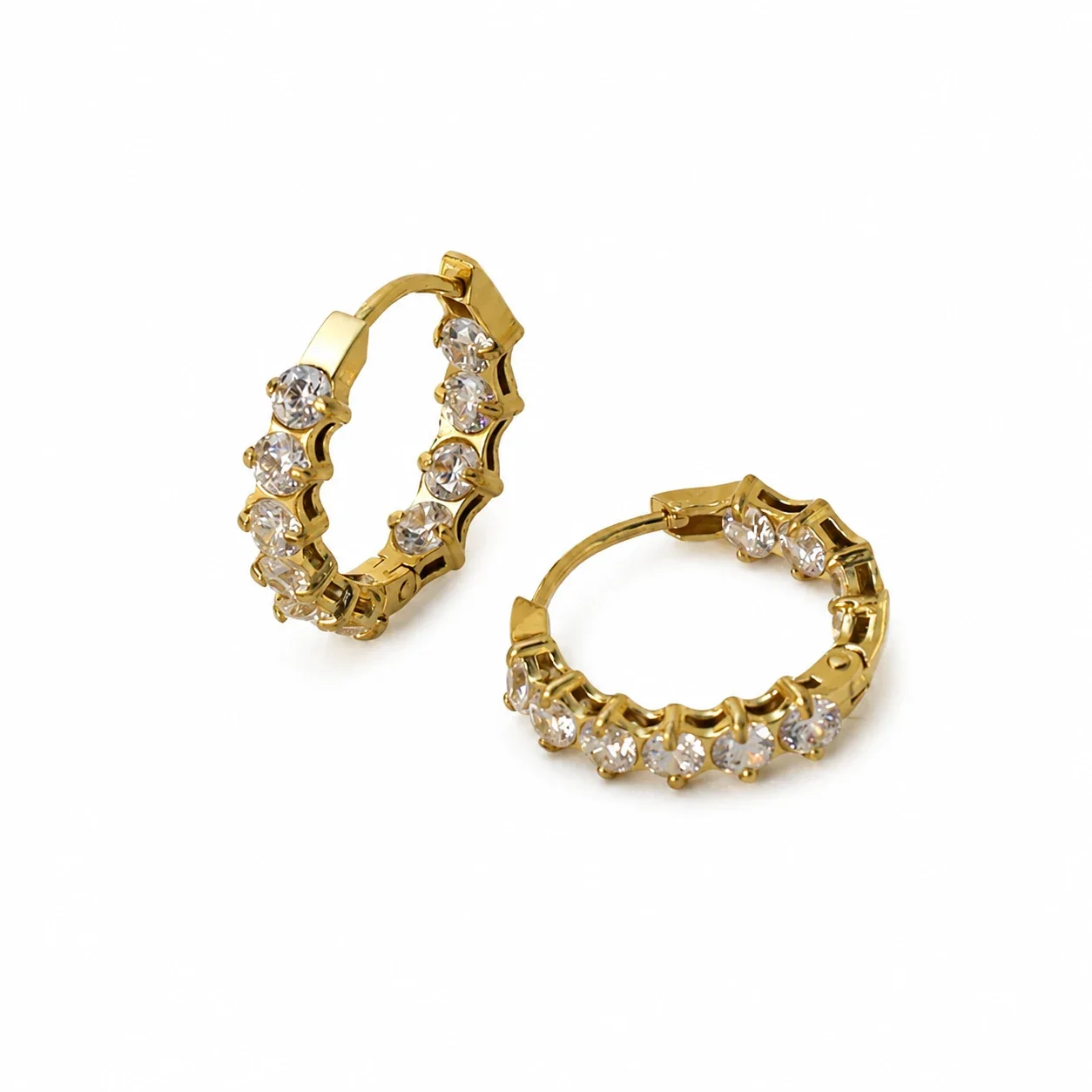 Hoop Earrings with Round Cubic Zirconia, Gold PVD 316 Stainless Steel